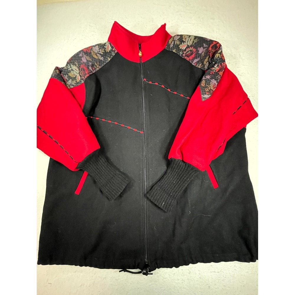 Vintage 80s Lady Suzette Full Zip Jacket Womens Red Black Wool Floral Tapestry